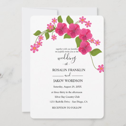 grüne und hellmagenta florale Hochzeit Einladung (Vorderseite)