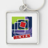 Grüne und Lila Abstrakte Quadrate mit Hexentext Schlüsselanhänger (Vorne)