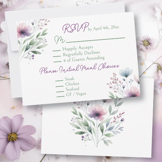 Grüne und Lila botanische Hochzeit RSVP Karte