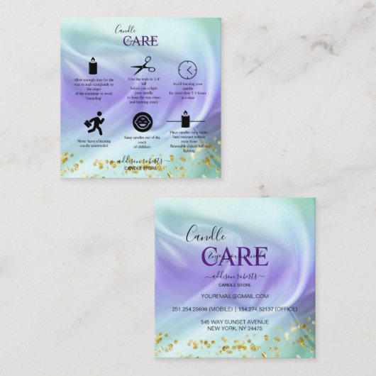 Grüne und Lila Candle Care Square Business Card Quadratische Visitenkarte (Vorne/Hinten)