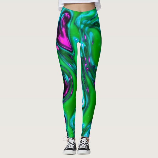 Grüne und Lila Neon Liquid Abstrakt Art Leggings (Vorderseite)