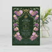 Grüne und Lila verzauberte blumenmuslimische Hochz Einladung (Stehend Vorderseite)