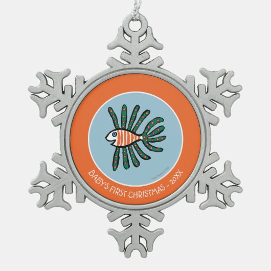 Grüne und orange Doppelflossen-Fische Schneeflocken Zinn-Ornament (Vorderseite)