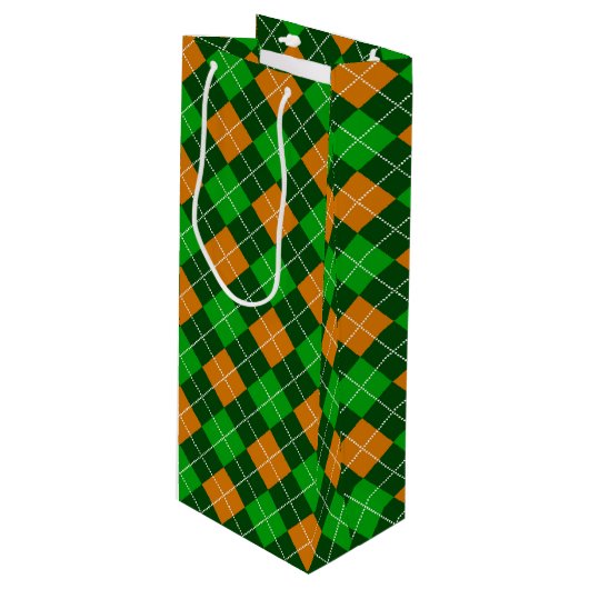GRÜNE UND ORANGE IRISCHE KARIERTE MUSTER GESCHENKTÜTE FÜR WEINFLASCHEN (Vorderseite Schrägansicht)