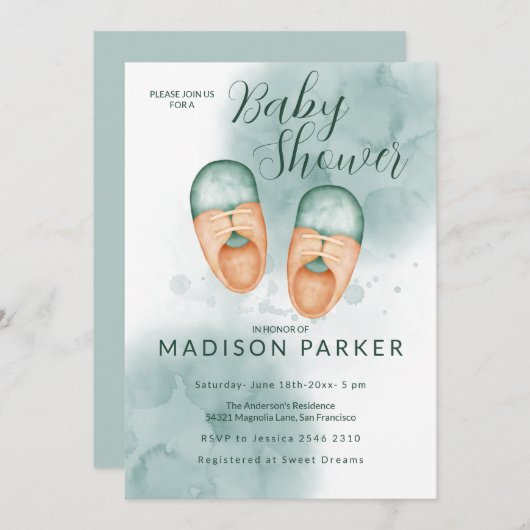 Grüne und orangefarbene Babyschuhe - Einladung (Vorne/Hinten)