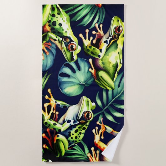 Grüne und orangefarbene Frösche auf frischen Blätt Strandtuch (Vorderseite)