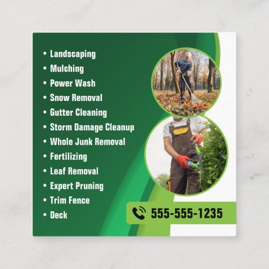 Grüne und orangefarbene Rasenpflege Landscaping &  Quadratische Visitenkarte (Rückseite)