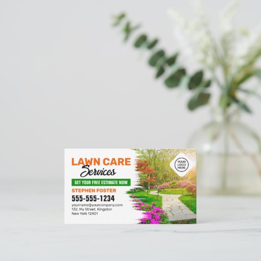 Grüne und orangefarbene Rasenpflege Landschaftssch Visitenkarte (Stehend Vorderseite)