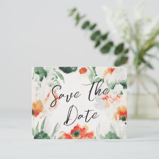 Grüne und orangefarbene Wildblumen Save the Date b Ankündigungspostkarte (Stehend Vorderseite)