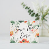 Grüne und orangefarbene Wildblumen Save the Date b Ankündigungspostkarte (Stehend Vorderseite)