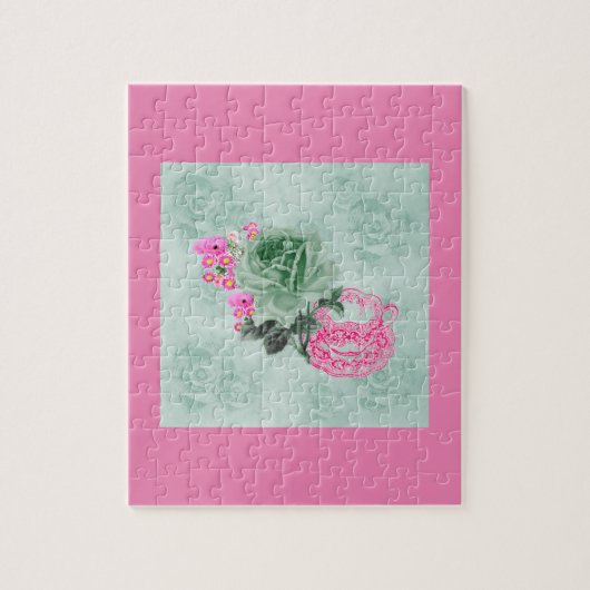 Grüne und rosa antike Teetasse und Rosen Puzzle (Vertikal)