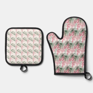 Grüne und rosa Blattmuster-Ofenhandschuhe und Topf Ofenhandschuh & Topflappen-Set