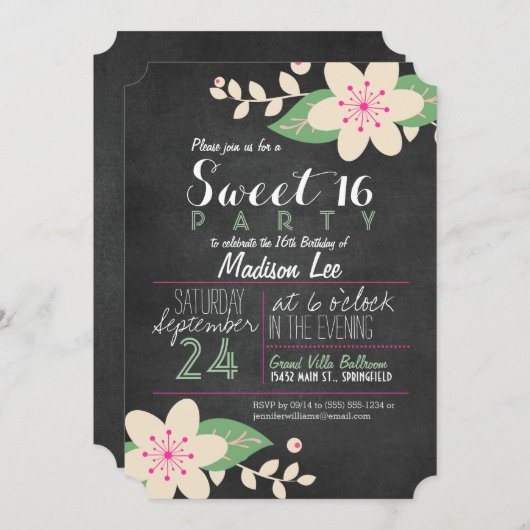 Grüne und rosa Blumenkhalkappe Sweet 16 Party Einladung (Vorne/Hinten)