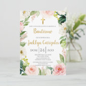 Grüne und rosa Blütentaufe laden ein Einladung (Stehend Vorderseite)