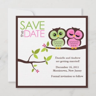 Grüne und rosa Eulen Hochzeit Save The Date