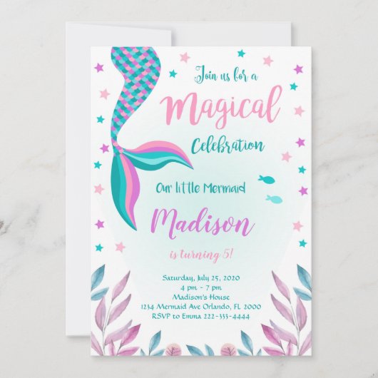Grüne und rosa Meerjungfrau Einladung zum Geburtst (Vorderseite)