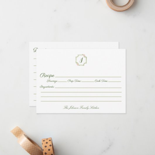 Grüne und rosa Monogramm-Familienrezeptur Mitteilungskarte (Vorderseite/Rückseite Beispiel)