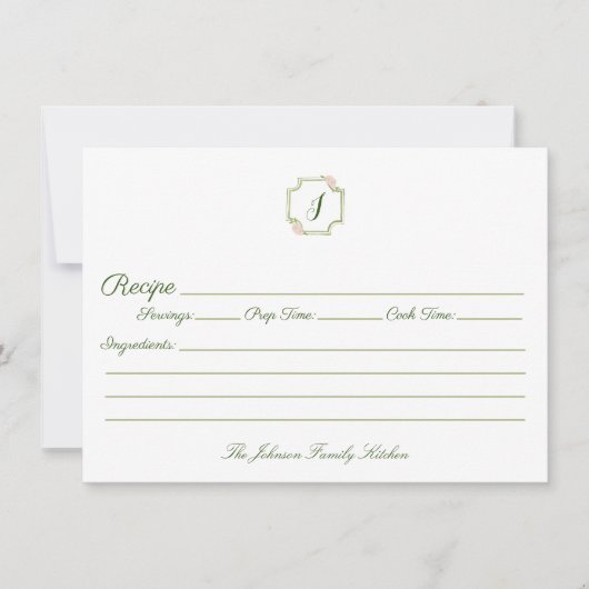 Grüne und rosa Monogramm-Familienrezeptur Mitteilungskarte (Vorderseite)