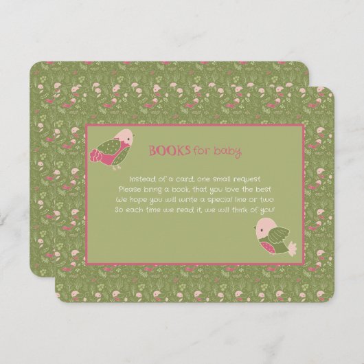 Grüne und rosa Niedliche Vogelbücher für Kinder Begleitkarte (Vorne/Hinten)