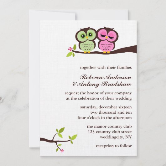 Grüne und rosa Owls Hochzeit Einladung (Vorderseite)