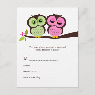 Grüne und rosa Owls Hochzeit RSVP Karte