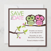 Grüne und rosa Owls Hochzeit Save The Date (Vorderseite)