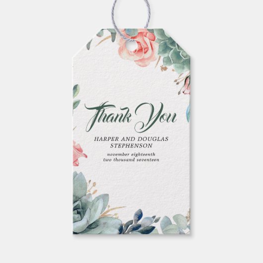 Grüne und rosa Rose Elegante Botanische Hochzeit Geschenkanhänger (Vorderseite)