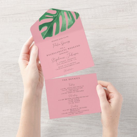 Grüne und rosa Tropische Monstera Bachelorette All In One Einladung (Abreißen)