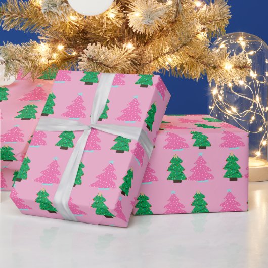Grüne und rosa Weihnachtsbäume Geschenkpapier (Feiertage)