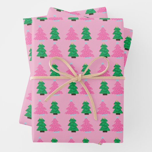 Grüne und rosa Weihnachtsbäume Geschenkpapier Set (Beispiel)