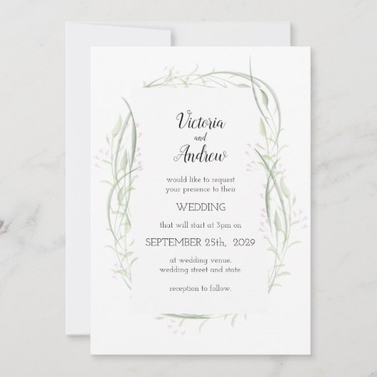 Grüne und rosa zarte, blumengeschmückte Hochzeitsf Einladung (Vorderseite)