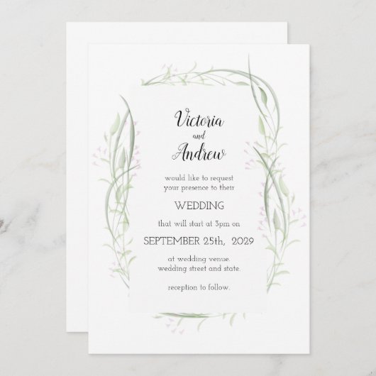 Grüne und rosa zarte, blumengeschmückte Hochzeitsf Einladung (Vorne/Hinten)