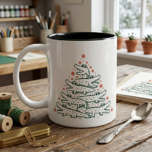 Grüne und rote Alligator-Weihnachtsbaum-Schneefloc Zweifarbige Tasse