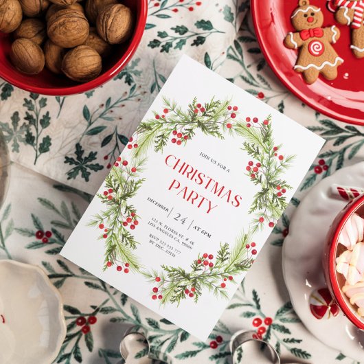 Grüne und rote Blumenreste Weihnachtseinladung Einladung