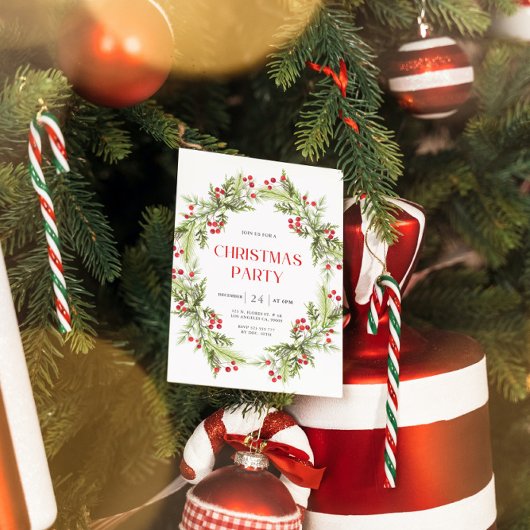 Grüne und rote Blumenreste Weihnachtseinladung Einladung