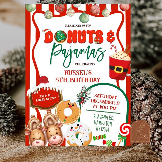 Grüne und rote Donuts und Pyjama-Geburtstag Einladung