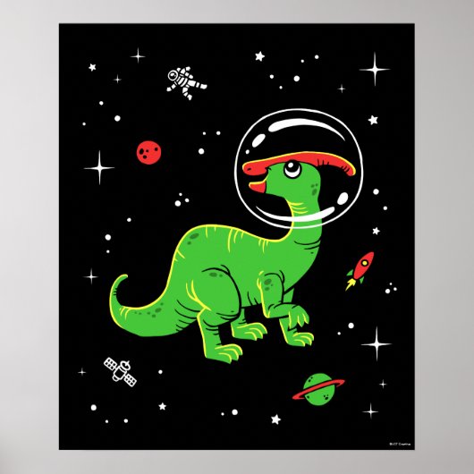 Grüne und rote Parasaurolophus Dinos im Weltraum Poster (Vorne)