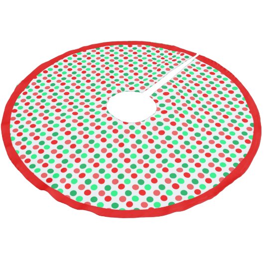 Grüne und rote Polka Punkte auf weißem Hintergrund Polyester Weihnachtsbaumdecke (Schrägansicht)