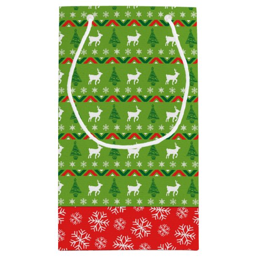Grüne und rote Rentiere | Schneeflocken Kleine Geschenktüte (Rückseite)