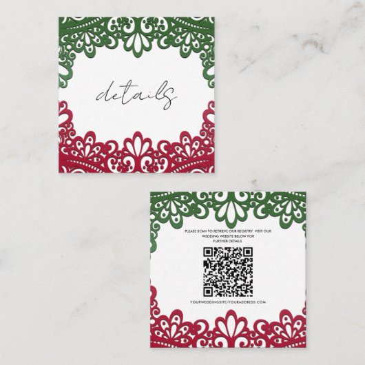 Grüne und rote Spitzen Elegante Fiesta Hochzeit De Quadratische Visitenkarte (Vorne/Hinten)