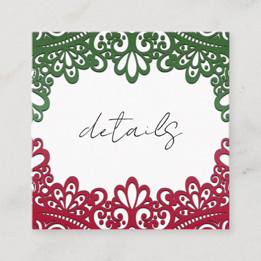 Grüne und rote Spitzen Elegante Fiesta Hochzeit De Quadratische Visitenkarte (Vorderseite)