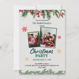 Grüne und rote Vintage-Foto-Familien-Weihnachtsfei Einladung