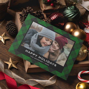 Grüne und schwarze festliche Tartan-Weihnachtsfoto Feiertagskarte