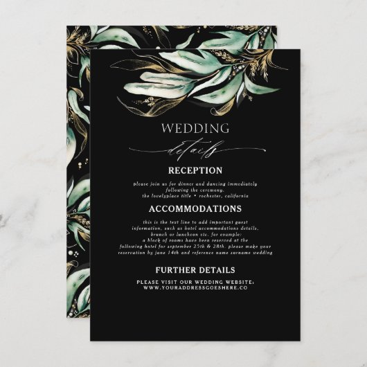 Grüne und Schwarze Hochzeitsdetails Begleitkarte (Vorne/Hinten)