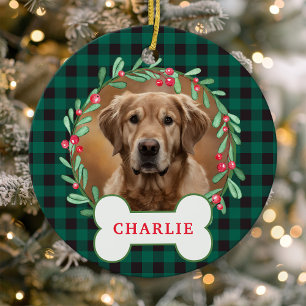Grüne und schwarze karierte Hunde-Foto-Weihnachtsg Keramik Ornament