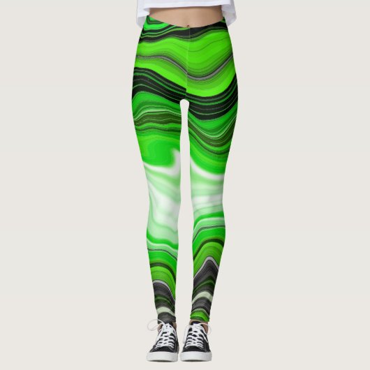 Grüne und schwarze Marmor wie gestreifte Fluid Art Leggings (Vorderseite)