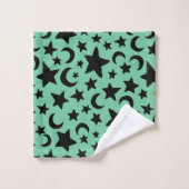 Grüne und schwarze Mondsterne Badhandtuch Set (Waschlappen)