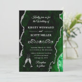 Grüne und Silberne Glitzer Agate & Marble Wedding Einladung (Stehend Vorderseite)