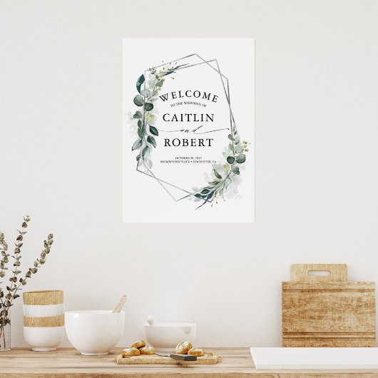 Grüne und Silver Geometric Frame Wedding Poster (Küche)
