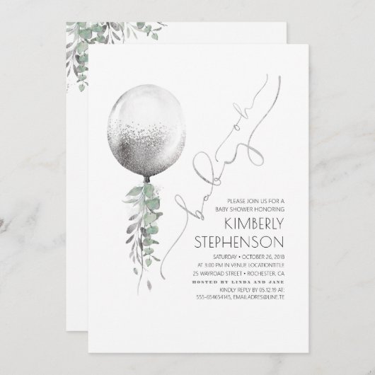 Grüne und Silver Glitzer Ballon Oh Babydusche Einladung (Vorne/Hinten)